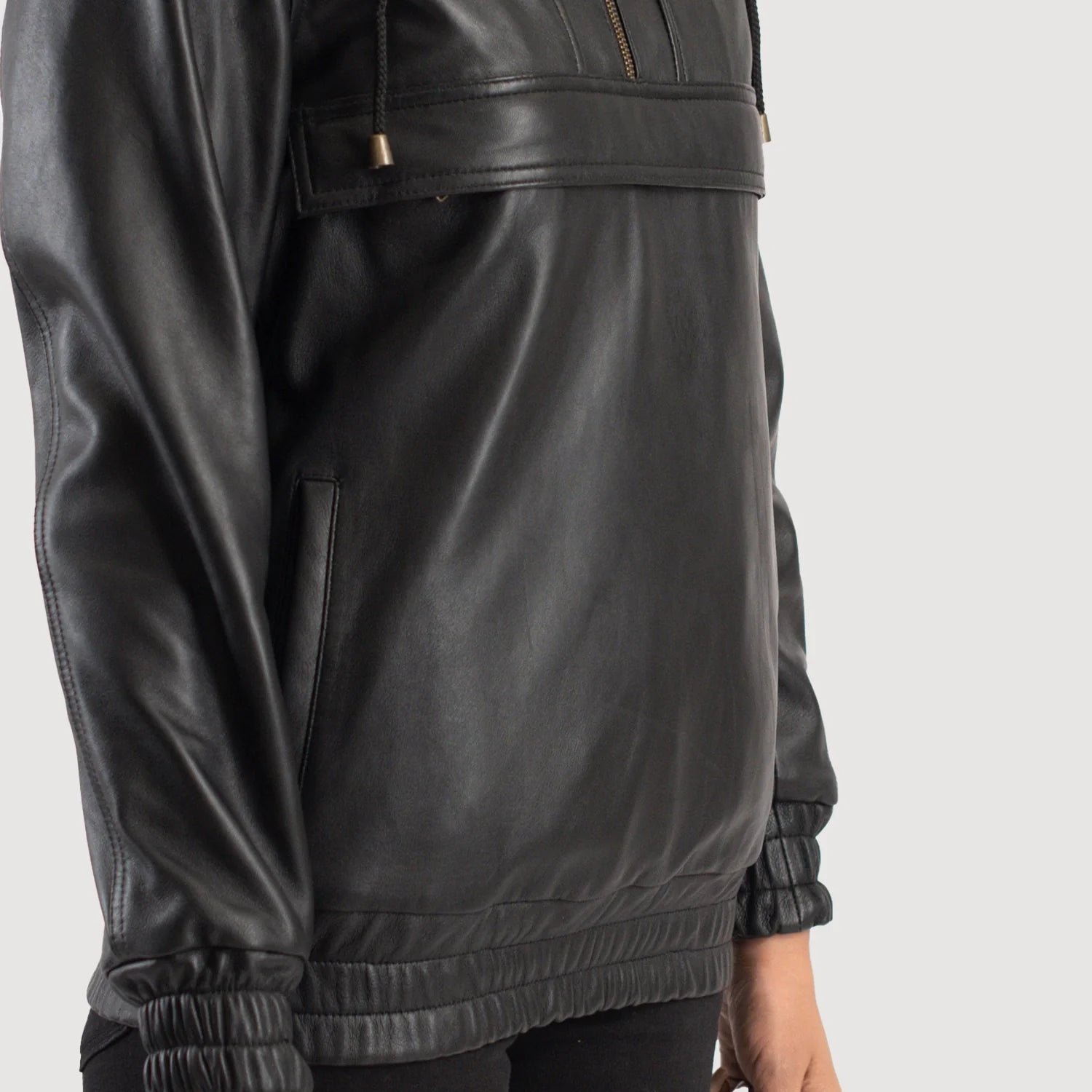 Zest Black Hooded Leather Pullover Jacket, Modern Casual Moto Outerwear, Stylish Hooded Jacket - Image 3