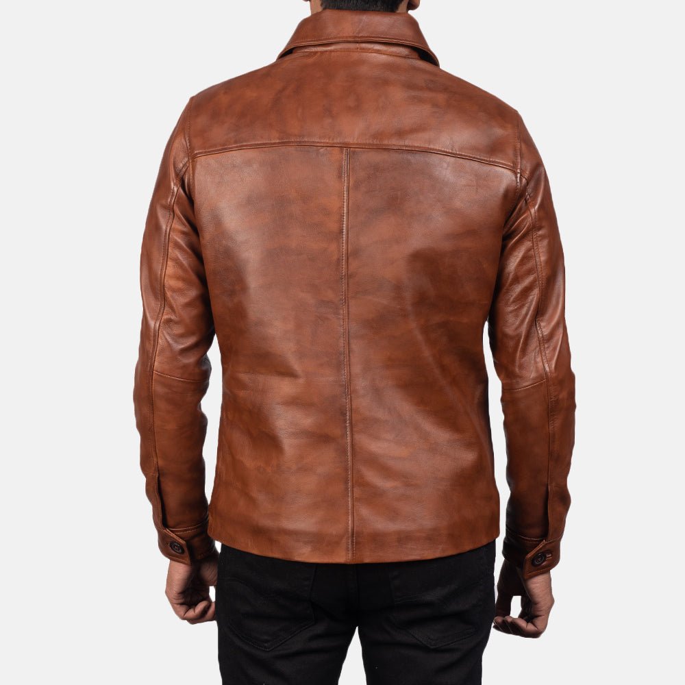 Men's Waffle Brown Leather Jacket, Stylish Textured Casual Outerwear - Image 2