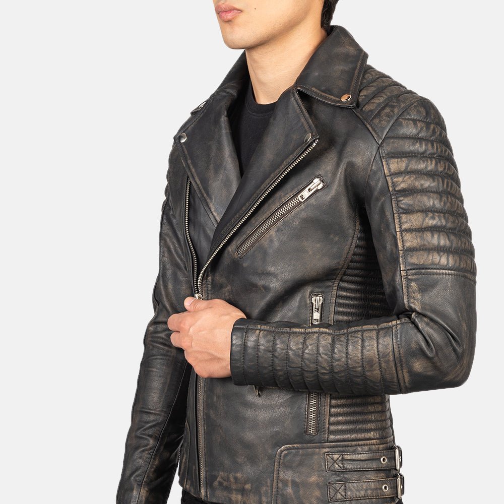 Men's Armand Distressed Brown Leather Biker Jacket, Vintage Moto Style - Image 5