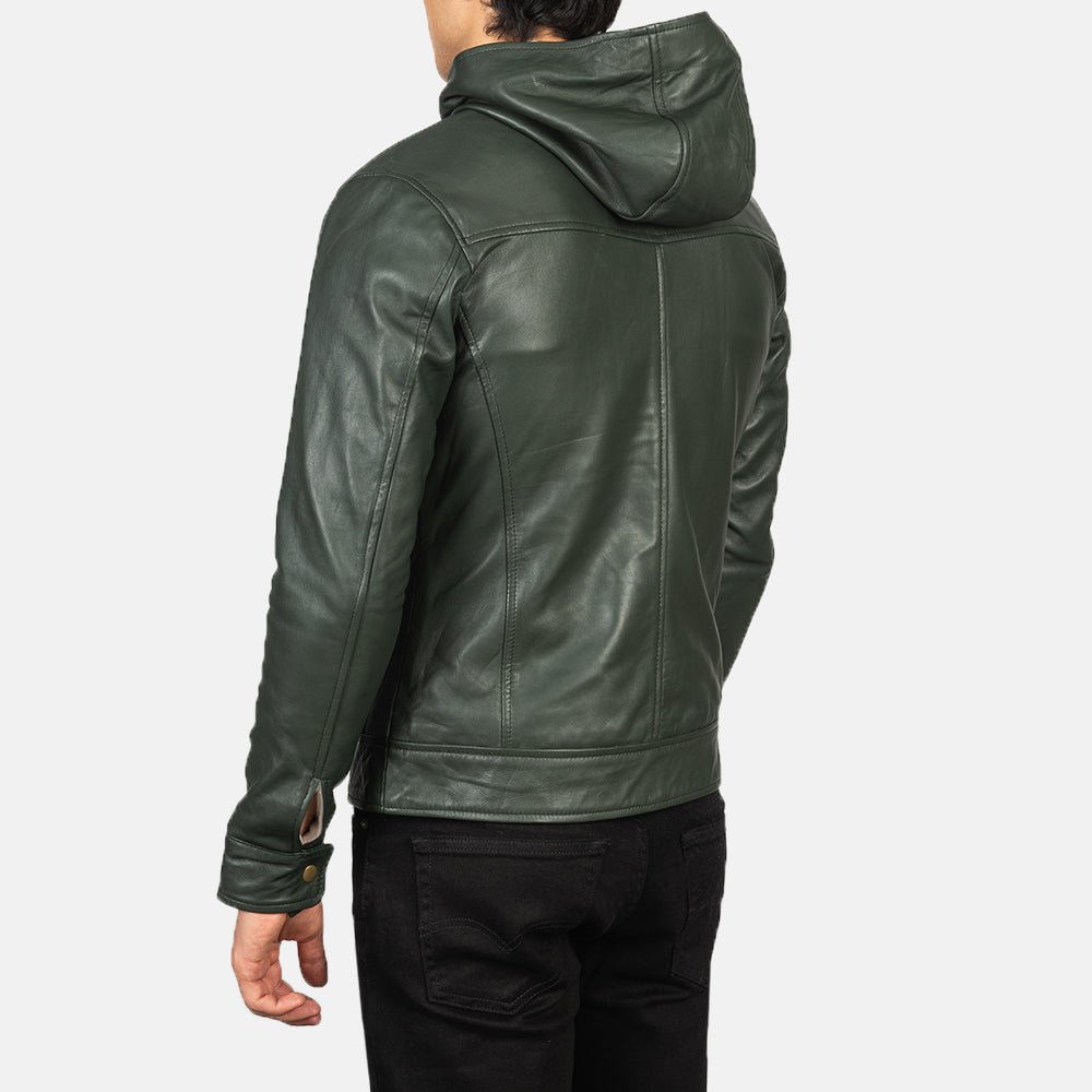 Baston Green Hooded Leather Bomber Jacket for Men, Classic Aviator Flight Jacket, Casual Streetwear Coat - Image 2