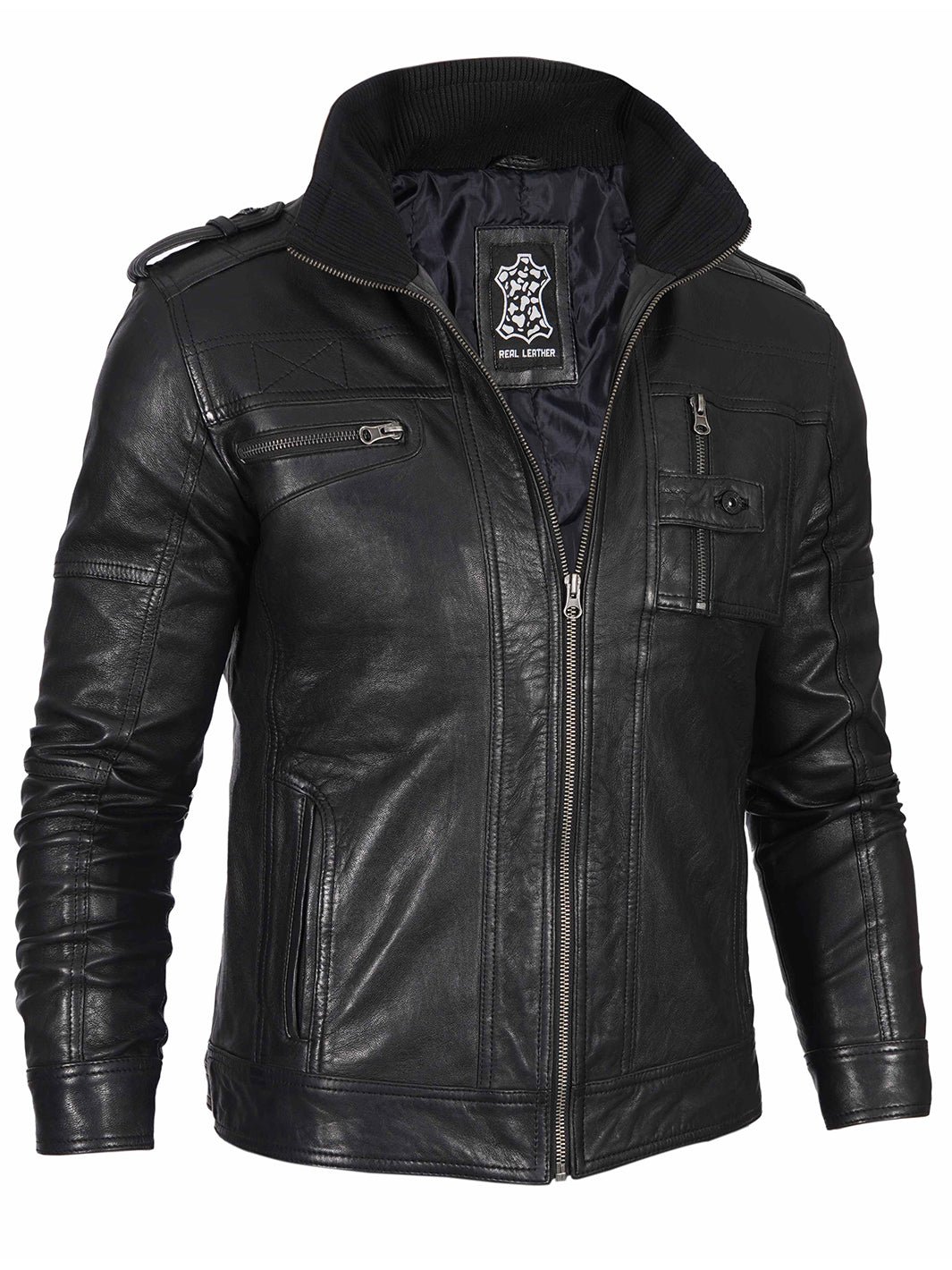 Men's Black Waxed Leather Jacket, Cafe Racer Motorcycle Jacket, Classic Biker Style Outerwear - Image 2