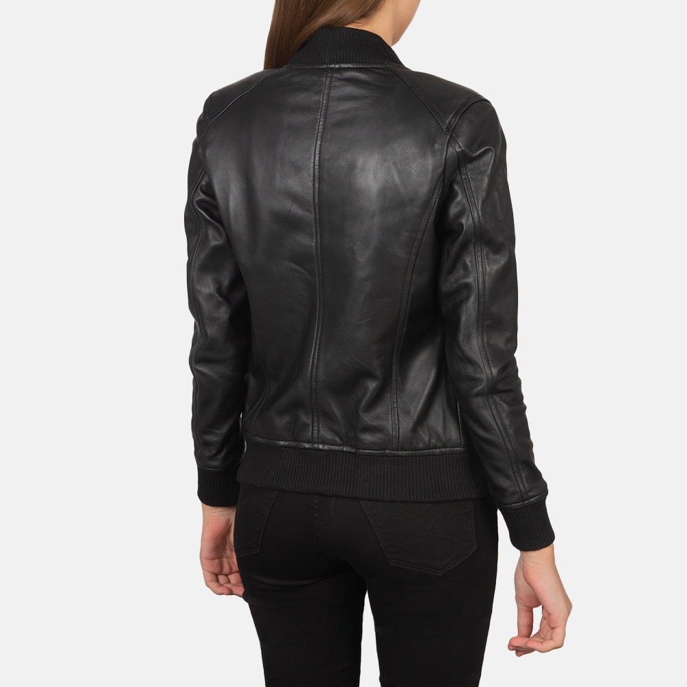 Women's Bliss Black Leather Bomber Jacket, Classic Zip-Up Bomber Coat, Stylish Casual Moto Jacket, Modern Streetwear Outerwear - Image 5