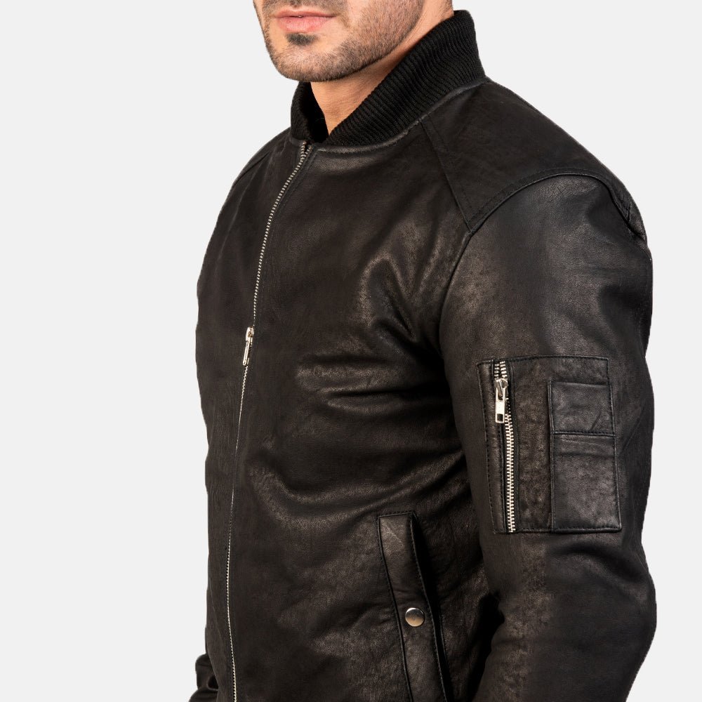 Bomia MA-1 Distressed Black Leather Bomber Jacket for Men, Vintage Aviator Flight Jacket, Rugged Military Style Outerwear - Image 3