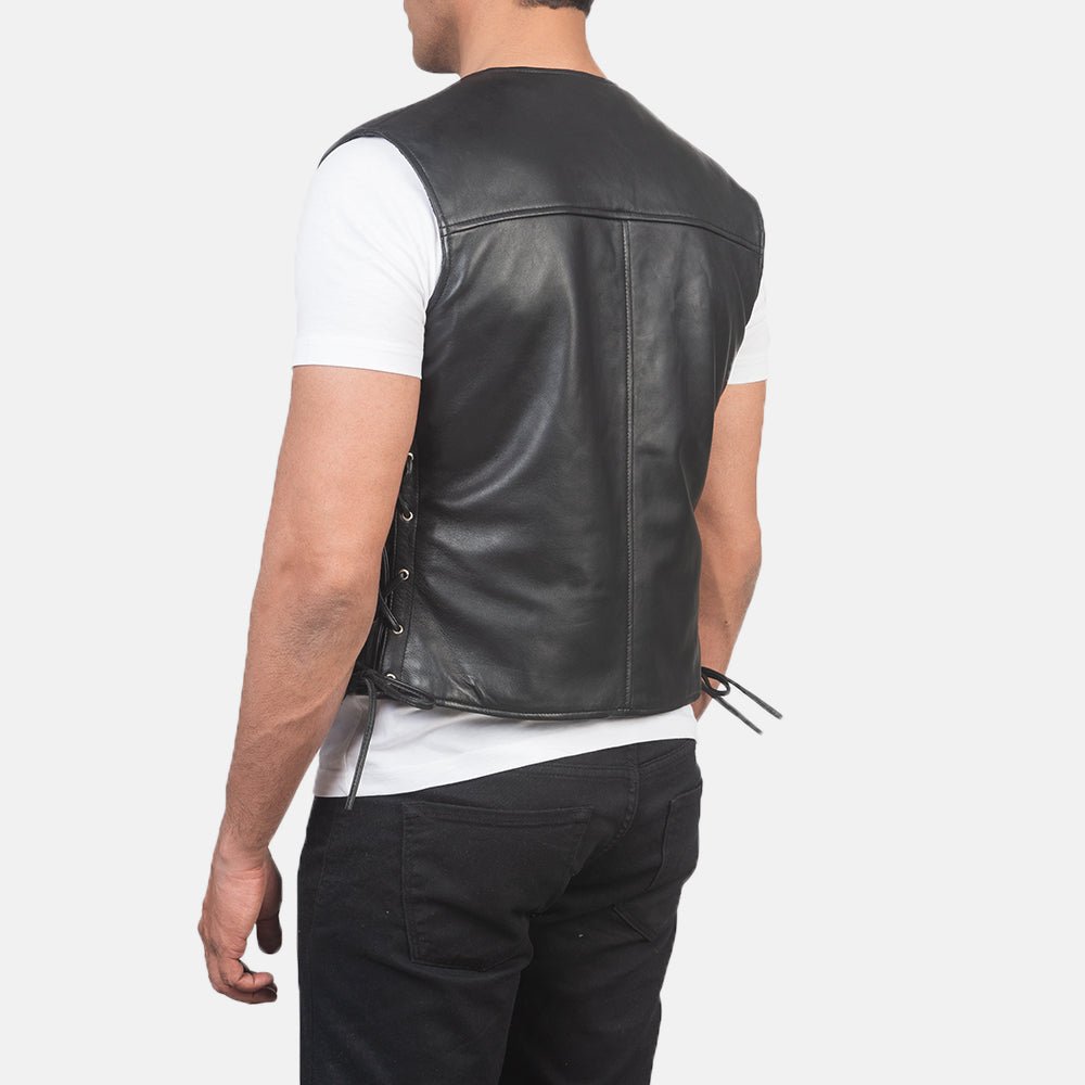 Brandon Black Leather Vest for Men, Classic Motorcycle Biker Vest, Sleeveless Leather Waistcoat, Rugged Moto Outerwear - Image 4