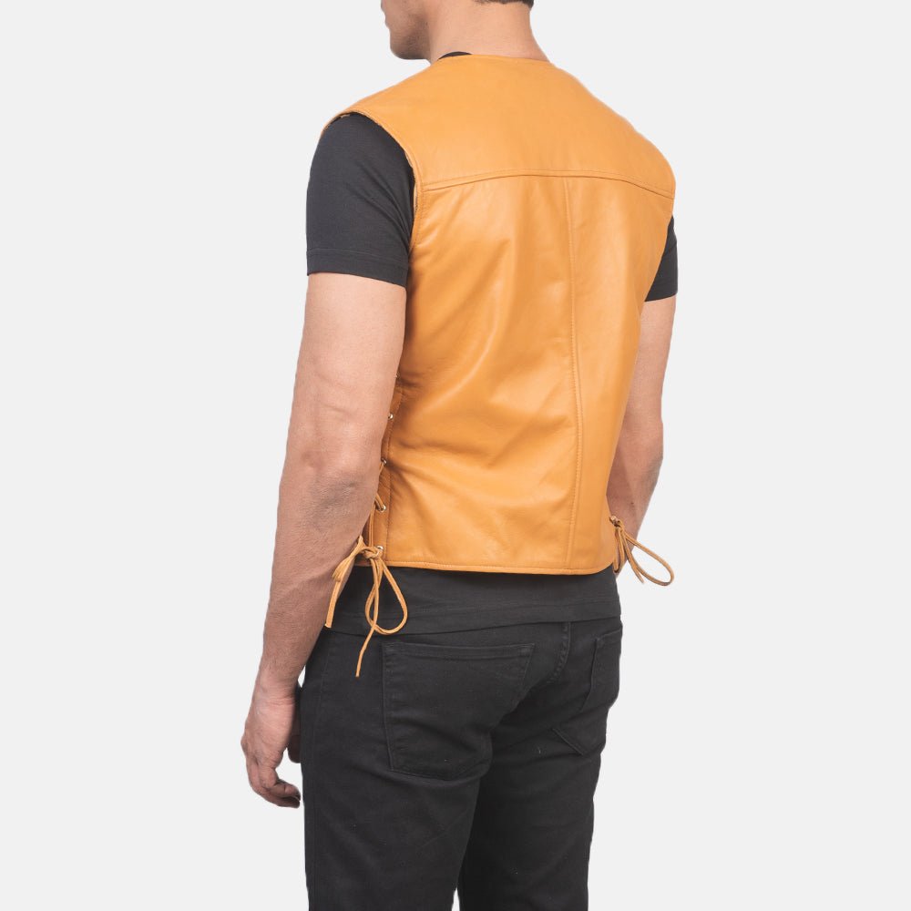 Brandon Tan Brown Leather Vest for Men, Classic Biker Motorcycle Vest, Sleeveless Leather Waistcoat, Rugged Vintage Moto Outerwear - Image 3