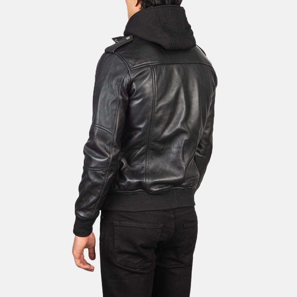 Bravado Black Hooded Leather Bomber Jacket for Men, Classic Zip-Up Moto Jacket, Casual Hooded Outerwear, Modern Streetwear - Image 6
