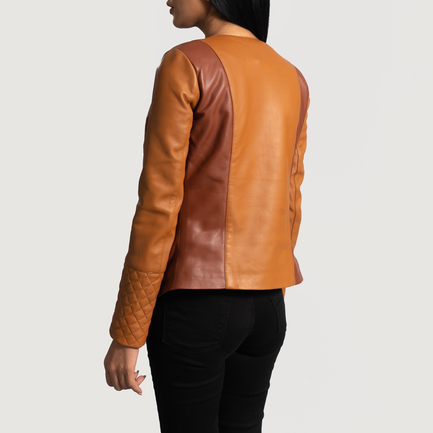 County Tan Overlap Leather Jacket, Stylish Layered Moto Jacket, Classic Modern Outerwear - Image 2