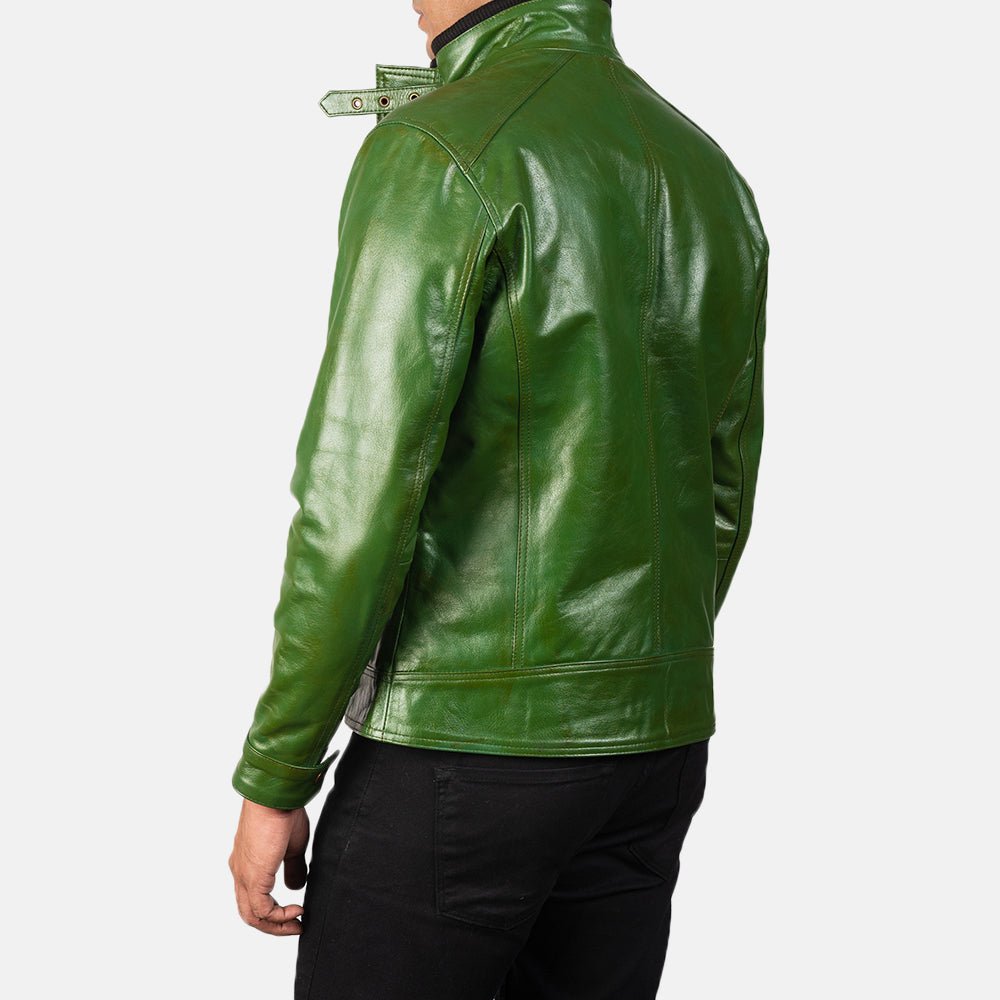 Men's Darren Distressed Green Leather Biker Jacket, Vintage Moto Style - Image 5