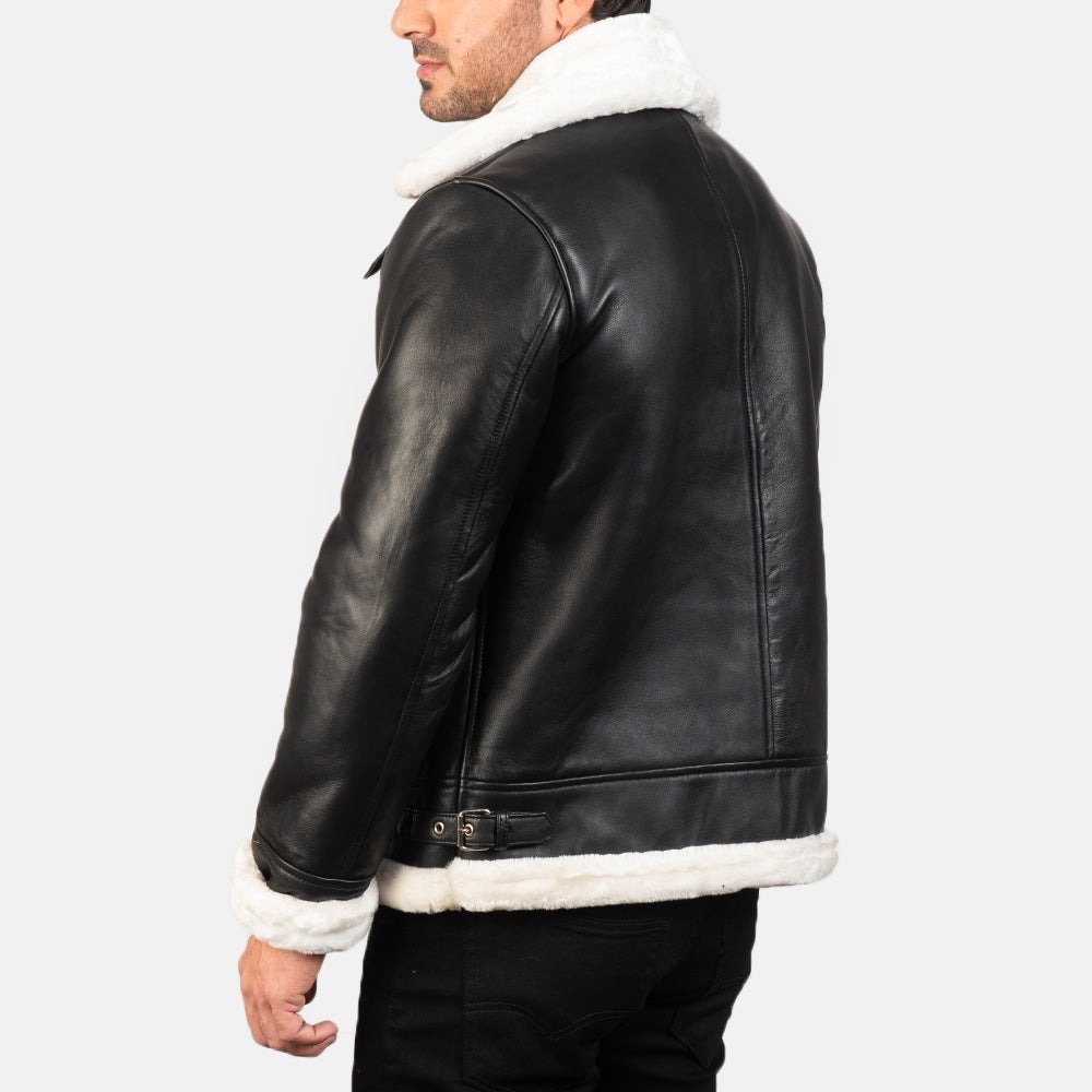 Francis B-3 Black & White Leather Bomber Jacket for Men, Shearling Aviator Flight Jacket, Vintage Winter Outerwear - Image 2
