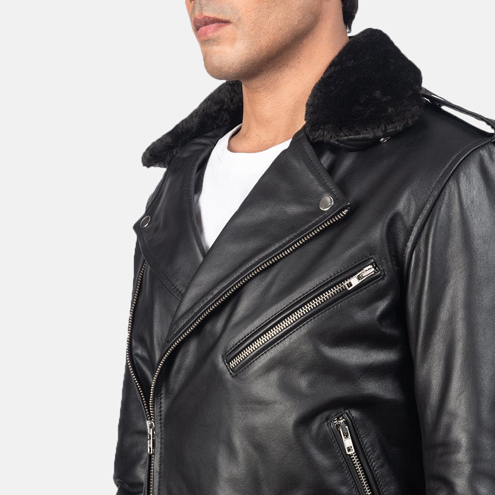 Furton Black Leather Biker Jacket for Men, Classic Motorcycle Jacket, Vintage Moto Rider Coat, Rugged Leather Outerwear - Image 6