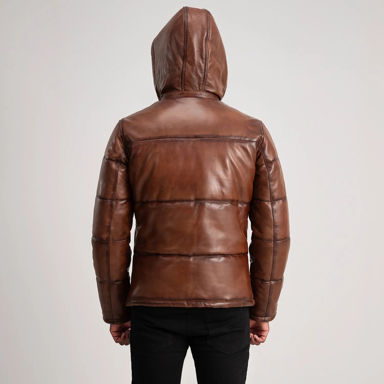 Gordon Waxed Brown Hooded Leather Puffer Jacket for Men, Winter Padded Jacket, Casual Hooded Outerwear, Rugged Streetwear Coat - Image 5