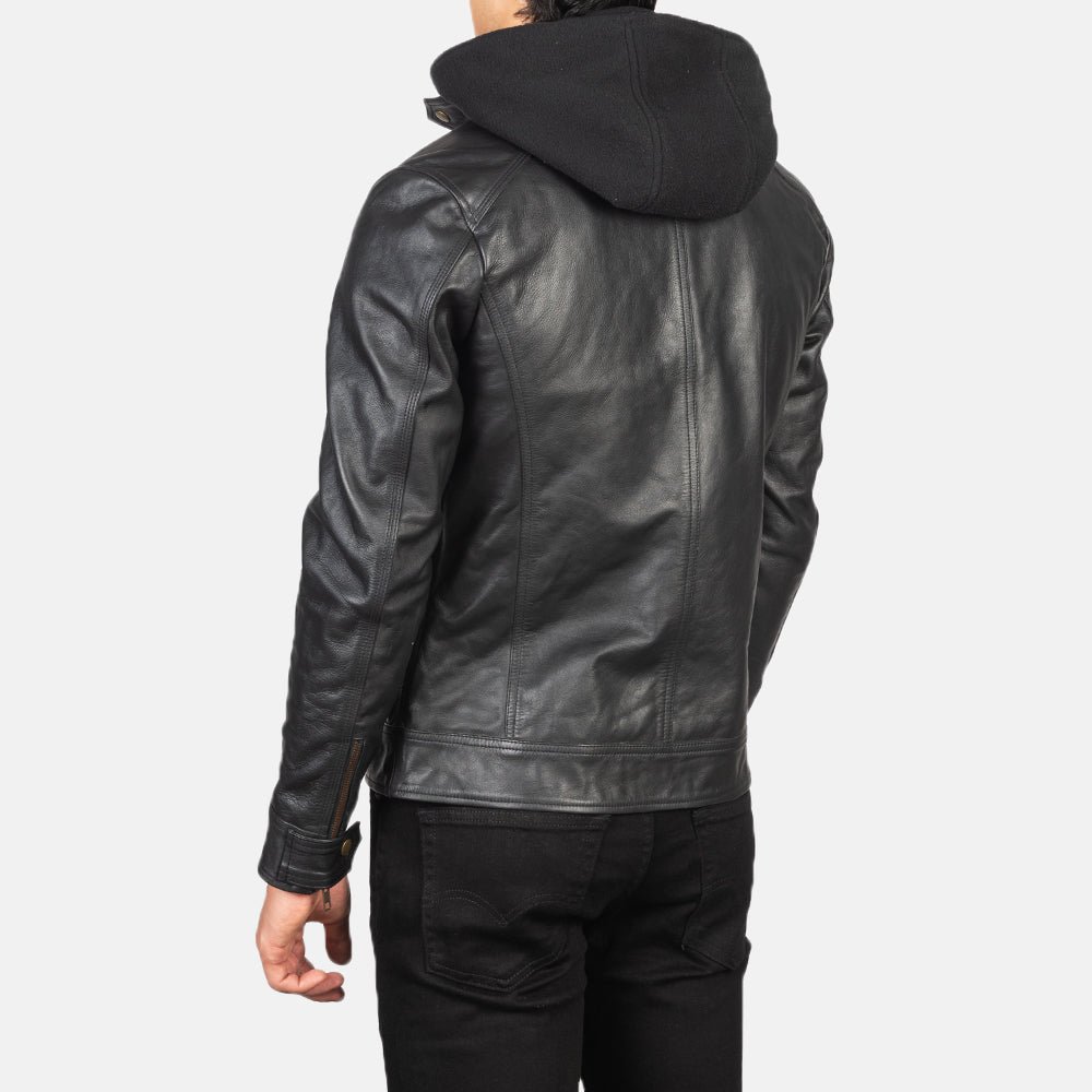 Bravado Black Hooded Leather Bomber Jacket for Men, Classic Zip-Up Moto Jacket, Casual Hooded Outerwear, Modern Streetwear - Image 3