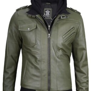 Men's Military Green Leather Jacket with Removable Hood, Stylish Casual Biker Jacket