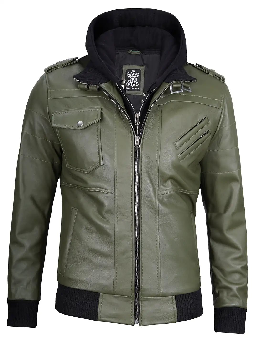 Men’s Military Green Leather Jacket with Removable Hood, Stylish Casual Biker Jacket