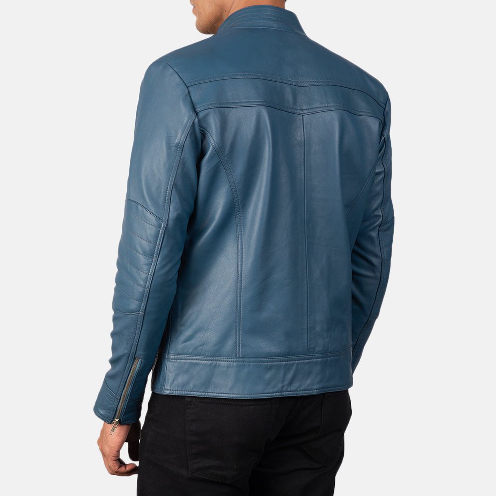 Men's Mack Blue Leather Biker Jacket, Classic Motorcycle Moto Style - Image 6