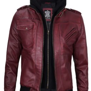 Men's Burgundy Lambskin Bomber Jacket with Removable Hood