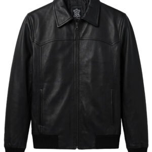 Men's Black Leather Bomber Jacket with Shirt Collar, Classic Casual Motorcycle Style