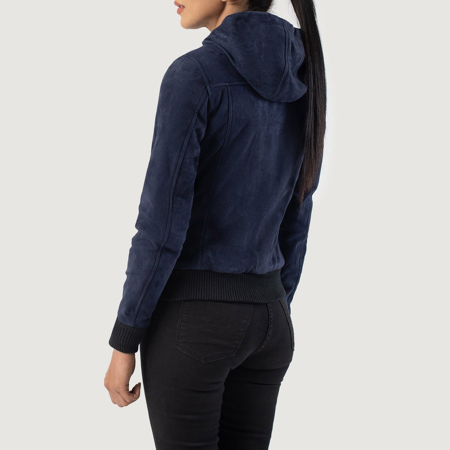 Rebella Blue Hooded Suede Bomber Jacket for Women, Stylish Zip-Up Bomber Coat, Casual Hooded Outerwear, Modern Streetwear Jacket - Image 4