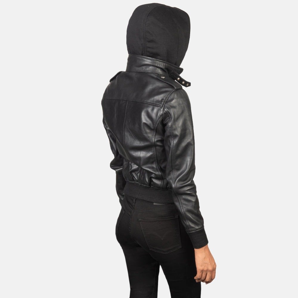 Roslyn Black Hooded Leather Bomber Jacket, Stylish Casual Moto Outerwear, Modern Streetwear - Image 2
