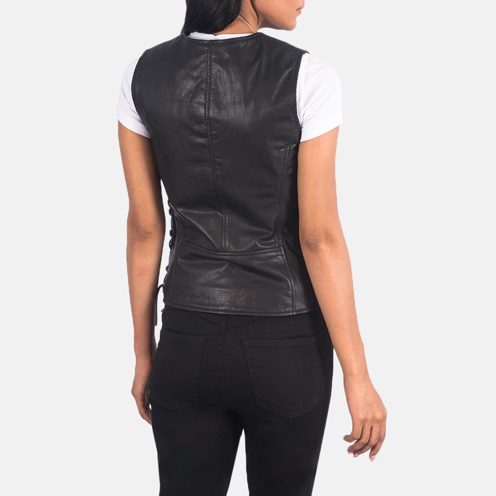 Vanda Black Leather Biker Vest, Classic Motorcycle Waistcoat, Sleeveless Moto Fashion - Image 2