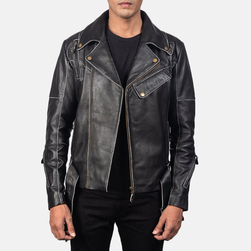Men's Vincent Black Leather Biker Jacket, Classic Motorcycle Moto Outerwear - Image 3