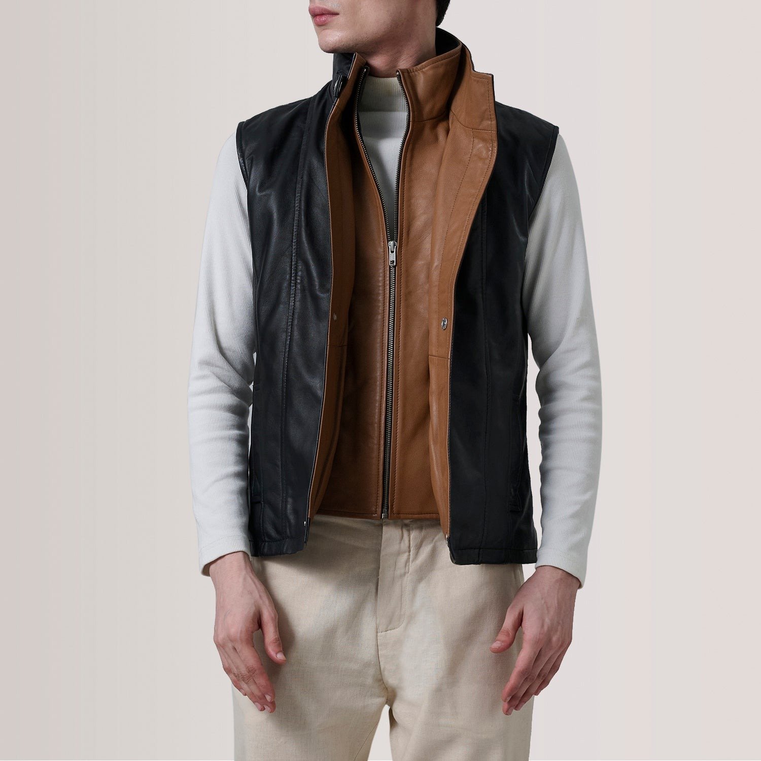 Zane Black Leather Vest for Men, Classic Motorcycle Biker Vest, Sleeveless Leather Waistcoat, Rugged Moto Rider Outerwear - Image 2