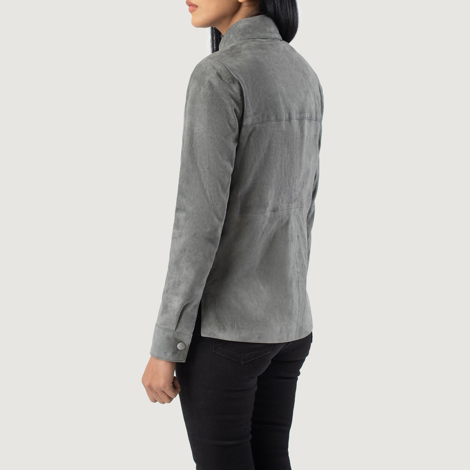 Women's Zenith Grey Suede Shirt Jacket, Stylish Button-Up Leather Overshirt, Modern Casual Shacket, Elegant Everyday Outerwear - Image 4