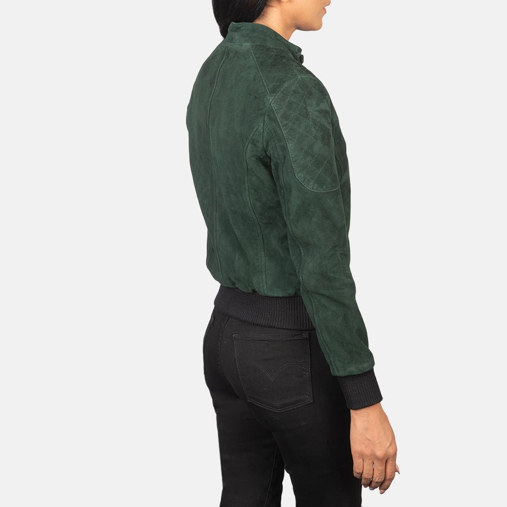 Zenna Green Suede Bomber Jacket for Women, Classic Casual Bomber Coat, Stylish Zip-Up Outerwear, Modern Everyday Streetwear - Image 3