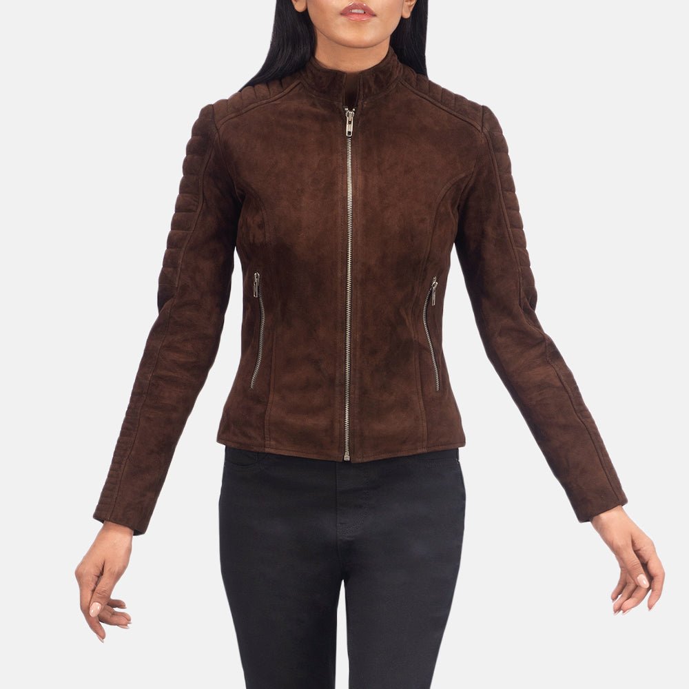 Adalyn Quilted Mocha Suede Biker Jacket for Women, Stylish Motorcycle Moto Coat, Diamond Quilted Suede Outerwear, Modern Casual Jacket - Image 6