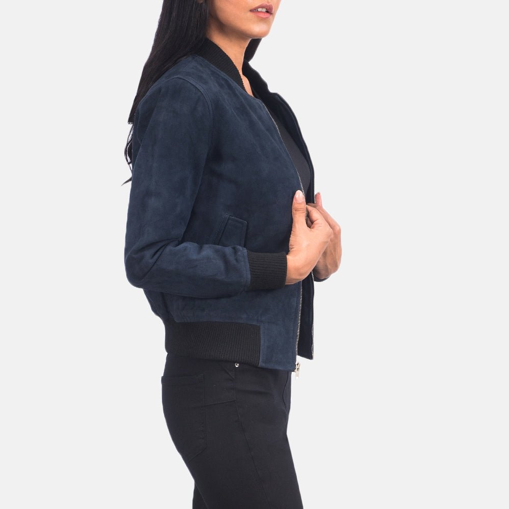 Ava MA-1 Blue Suede Bomber Jacket for Women, Classic Flight Jacket, Stylish Zip-Up Outerwear, Modern Casual Streetwear Coat - Image 4