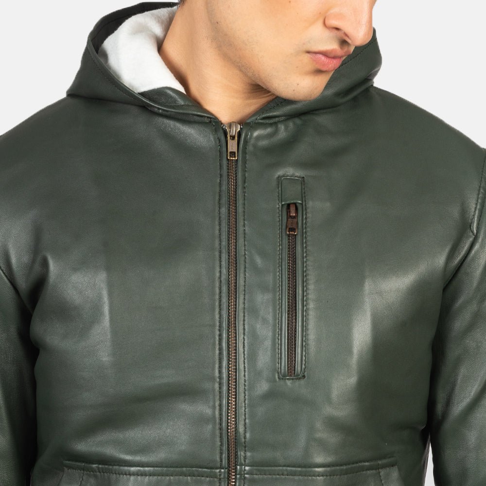 Baston Green Hooded Leather Bomber Jacket for Men, Classic Aviator Flight Jacket, Casual Streetwear Coat - Image 3