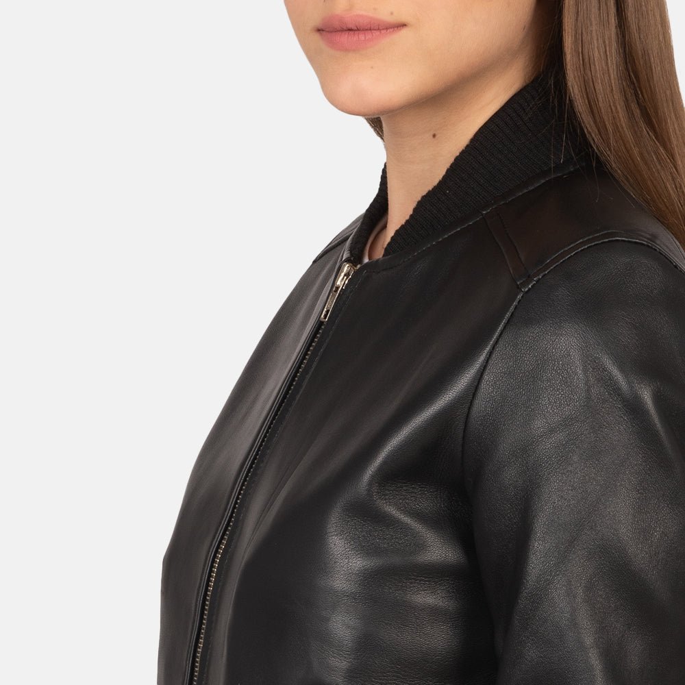 Women's Bliss Black Leather Bomber Jacket, Classic Zip-Up Bomber Coat, Stylish Casual Moto Jacket, Modern Streetwear Outerwear - Image 4