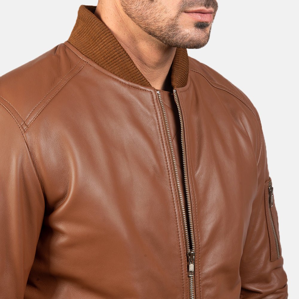 Bomia MA-1 Brown Leather Bomber Jacket for Men, Classic Aviator Flight Jacket, Vintage Casual Outerwear - Image 8