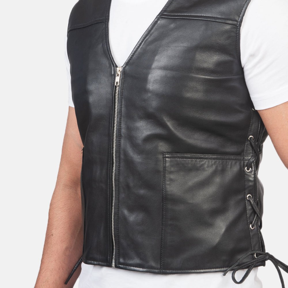 Brandon Black Leather Vest for Men, Classic Motorcycle Biker Vest, Sleeveless Leather Waistcoat, Rugged Moto Outerwear - Image 3