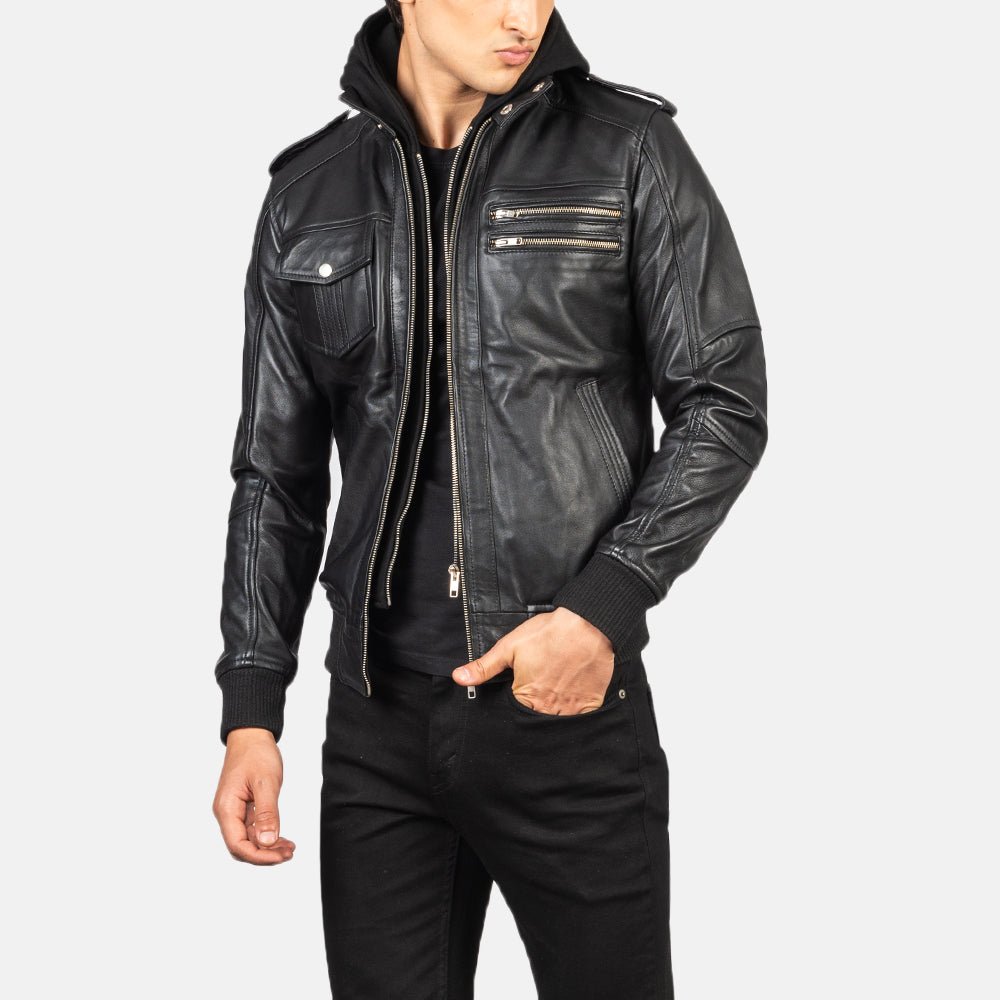 Bravado Black Hooded Leather Bomber Jacket for Men, Classic Zip-Up Moto Jacket, Casual Hooded Outerwear, Modern Streetwear - Image 5