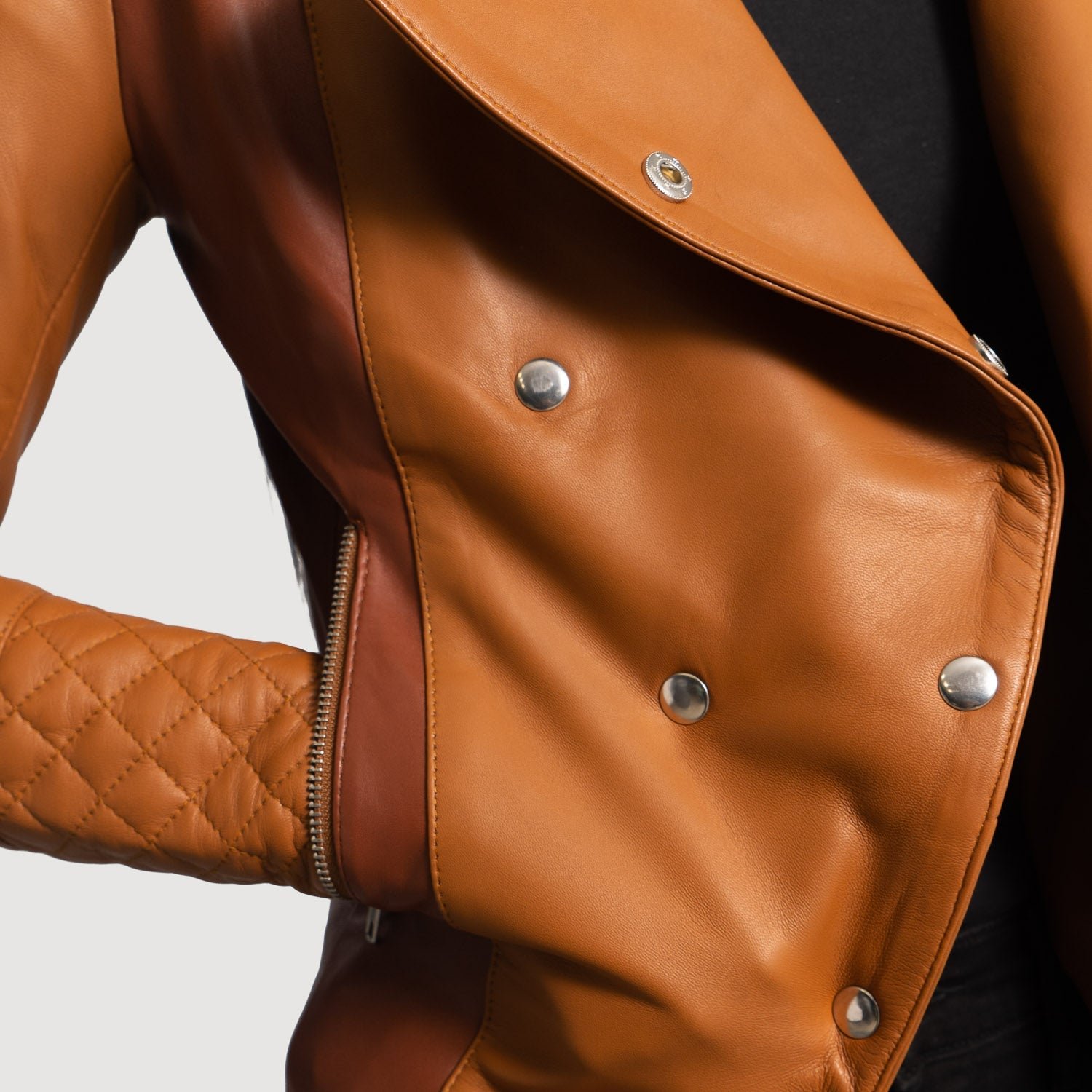 County Tan Overlap Leather Jacket, Stylish Layered Moto Jacket, Classic Modern Outerwear - Image 6