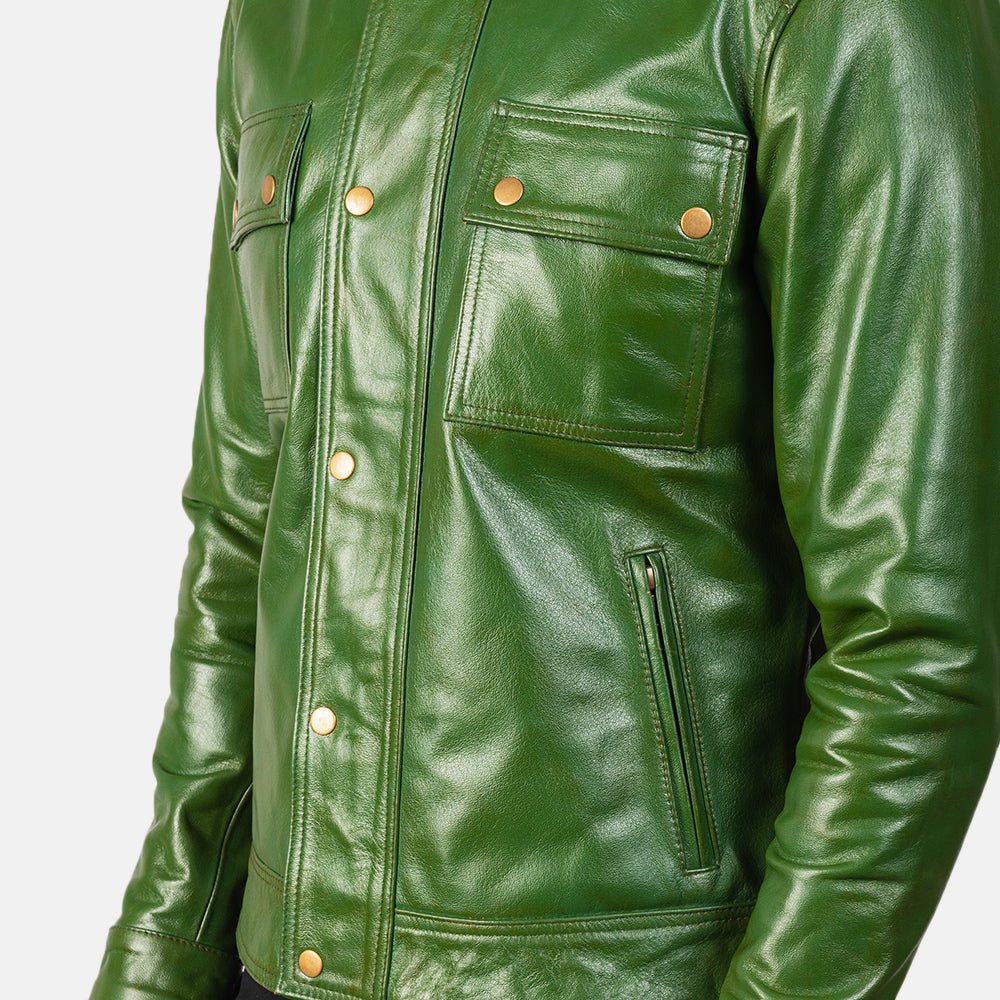 Men's Darren Distressed Green Leather Biker Jacket, Vintage Moto Style - Image 6