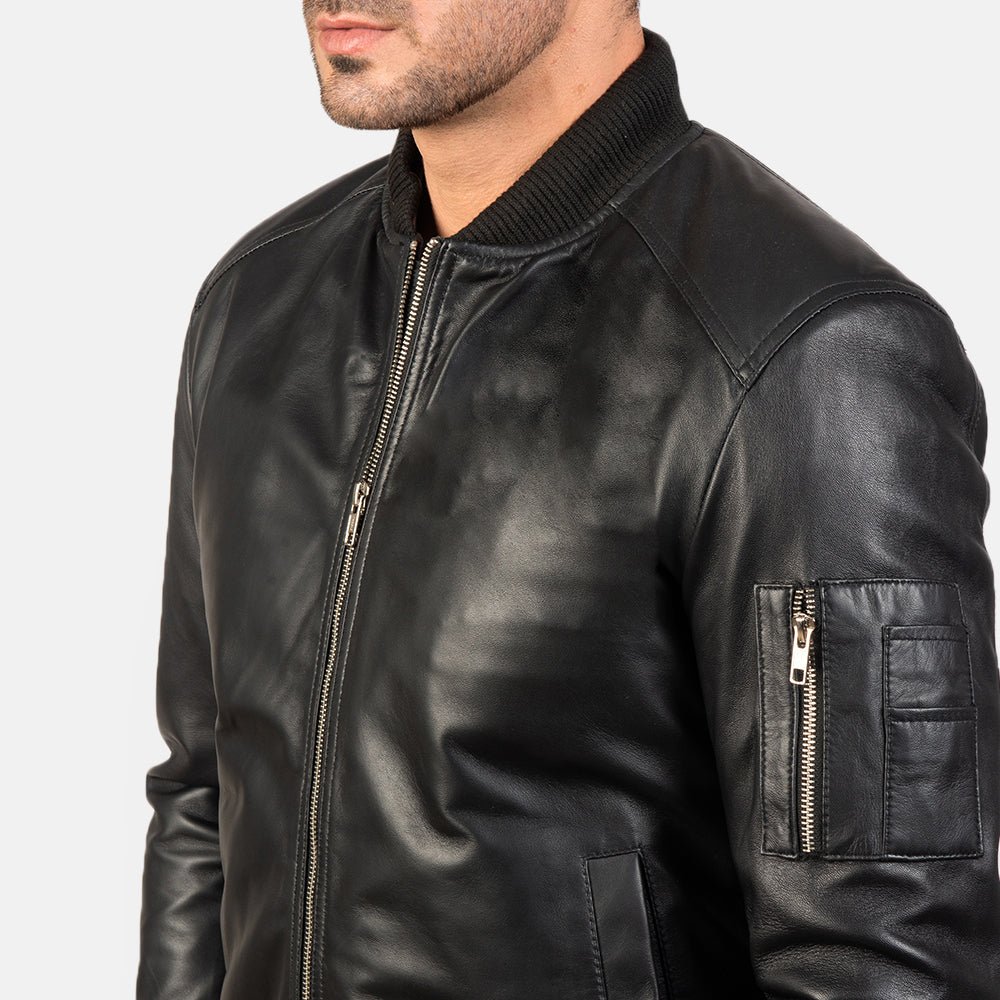Bomia MA-1 Black Leather Bomber Jacket for Men, Classic Flight Jacket, Vintage Aviator Motorcycle Outerwear - Image 8