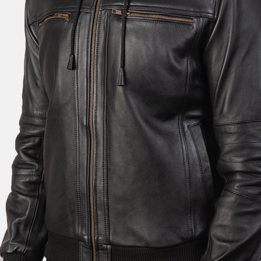 Bouncer Biz Black Leather Bomber Jacket for Men, Classic Aviator Flight Jacket, Vintage Casual Streetwear Outerwear - Image 2