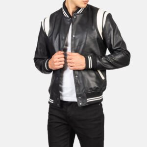 Dantee Black Leather Varsity Jacket for Men, Classic Letterman Jacket, Leather Bomber Coat, Stylish Casual Streetwear Outerwear