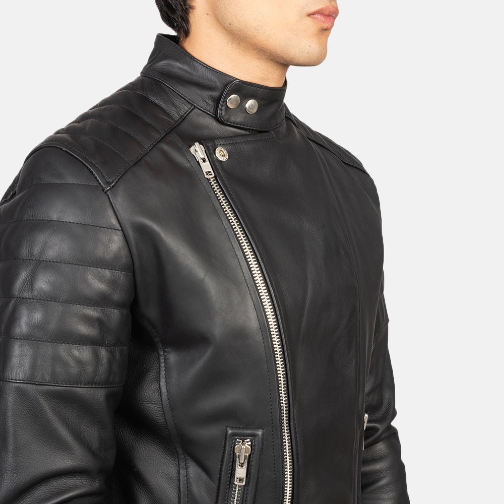 Men's Faisor Black Leather Biker Jacket, Classic Motorcycle Moto Style - Image 6