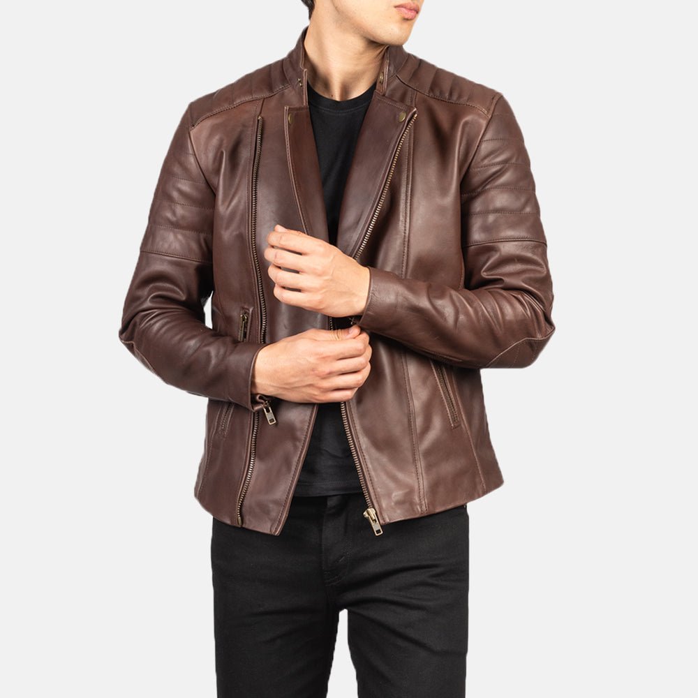 Men's Faisor Brown Leather Biker Jacket, Classic Motorcycle Style - Image 5