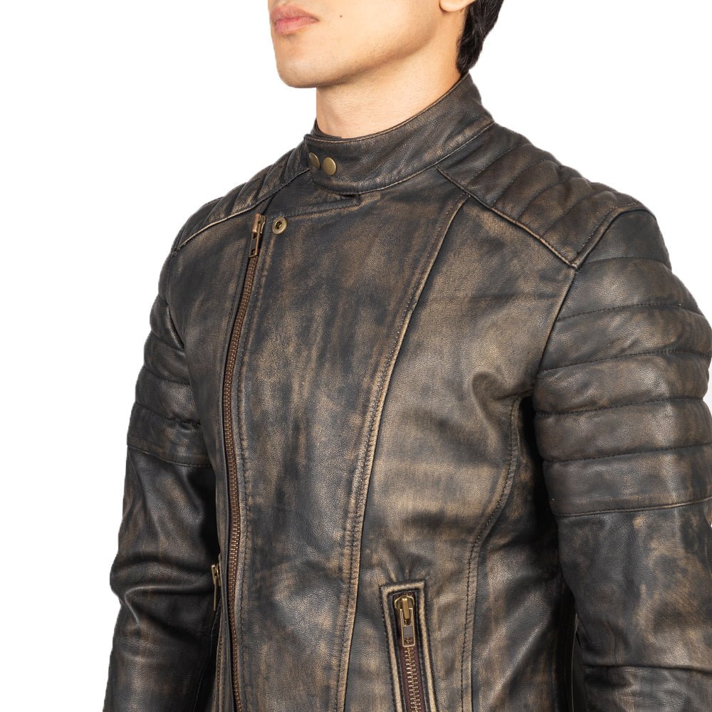 Men's Faisor Distressed Brown Leather Biker Jacket, Vintage Moto Style - Image 6