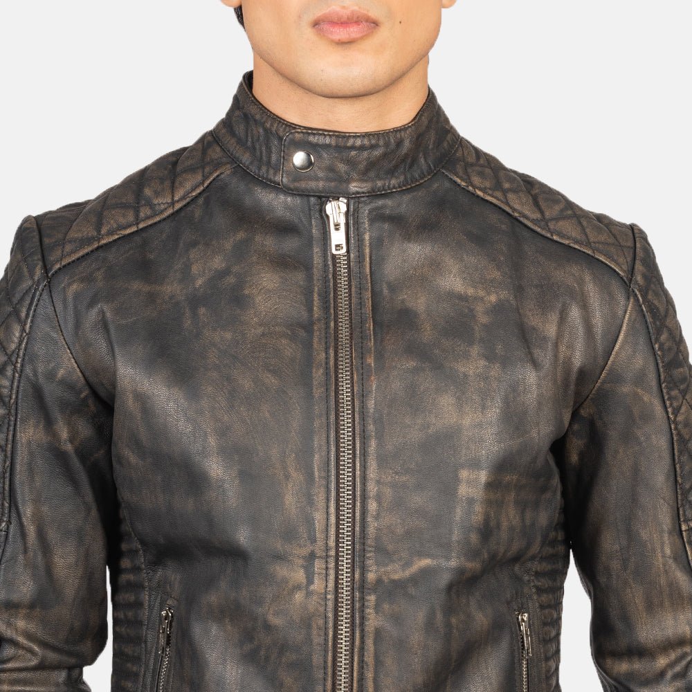 Men's Fernando Quilted Distressed Brown Leather Biker Jacket - Image 6