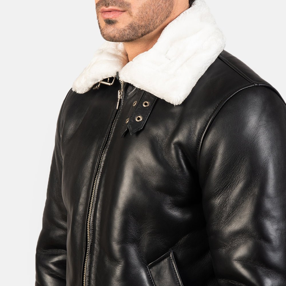 Francis B-3 Black & White Leather Bomber Jacket for Men, Shearling Aviator Flight Jacket, Vintage Winter Outerwear - Image 5