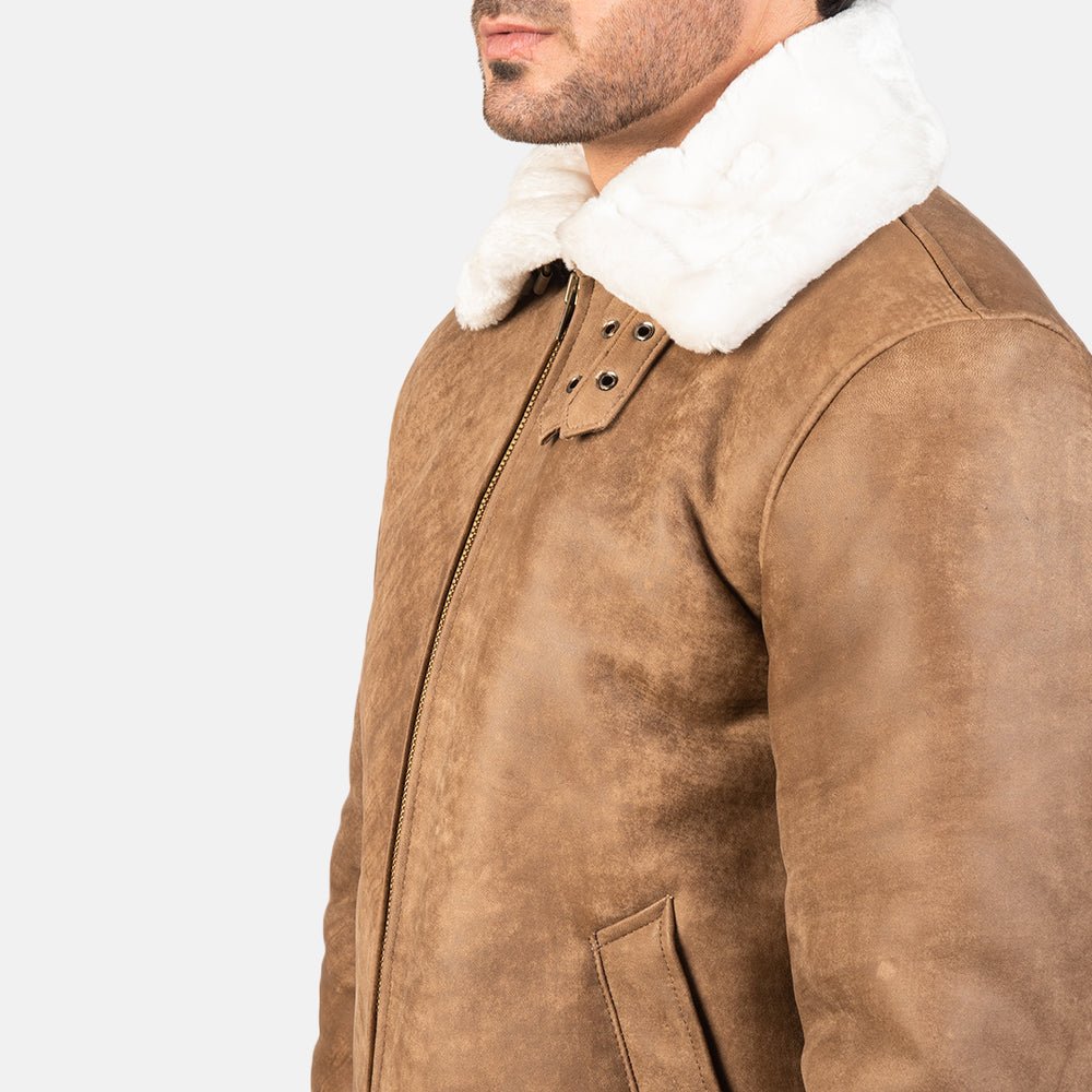 Francis B-3 Distressed Brown Leather Bomber Jacket for Men, Vintage Shearling Aviator Flight Jacket, Winter Outerwear - Image 3