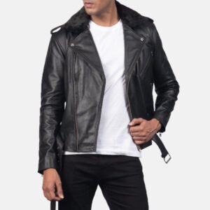 Furton Black Leather Biker Jacket for Men, Classic Motorcycle Jacket, Vintage Moto Rider Coat, Rugged Leather Outerwear