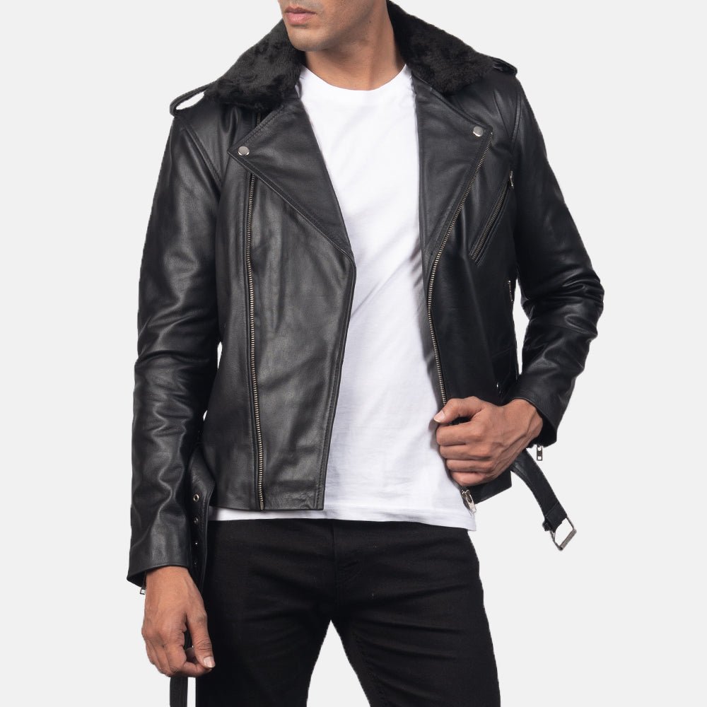 Furton Black Leather Biker Jacket for Men, Classic Motorcycle Jacket, Vintage Moto Rider Coat, Rugged Leather Outerwear