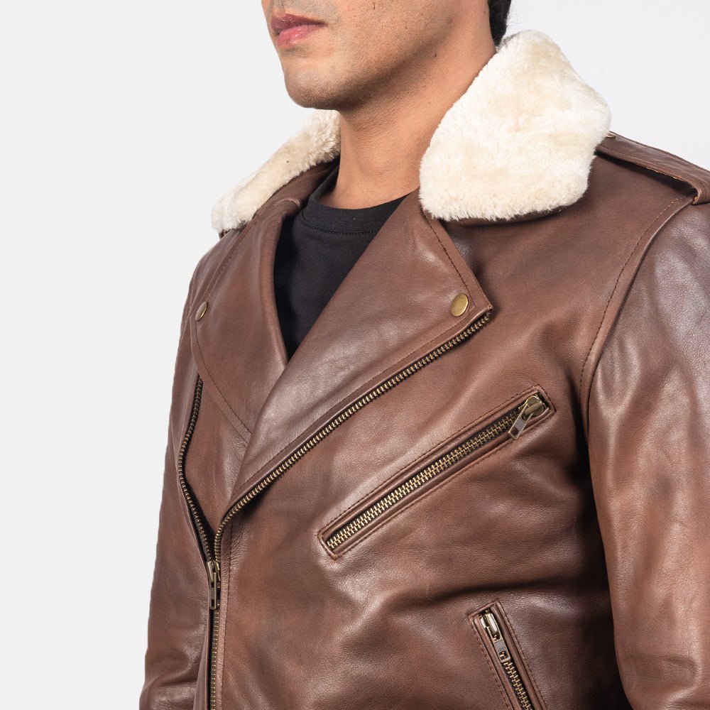 Men's Furton Brown Leather Biker Jacket, Classic Motorcycle Style - Image 6