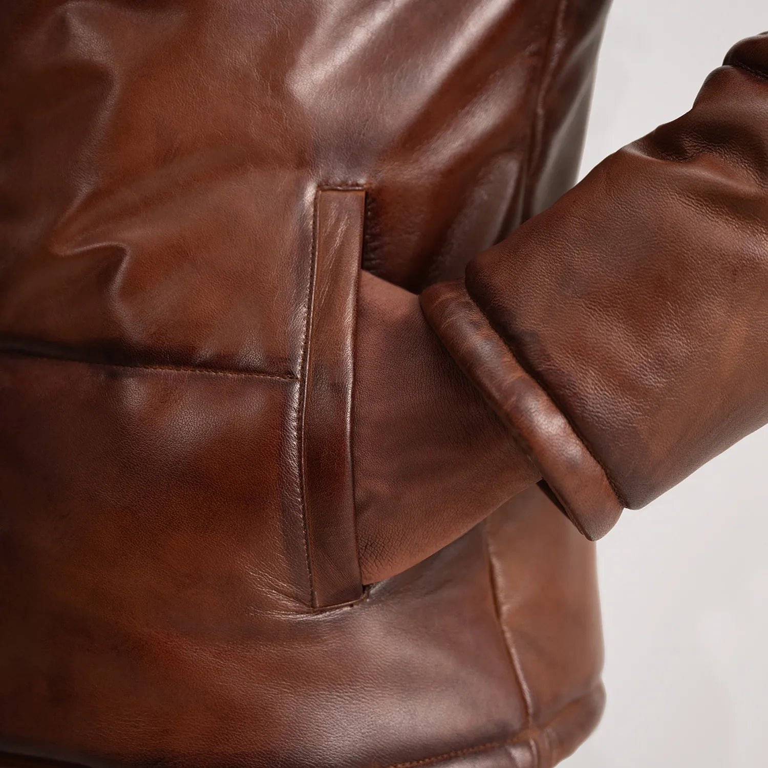 Gordon Waxed Brown Hooded Leather Puffer Jacket for Men, Winter Padded Jacket, Casual Hooded Outerwear, Rugged Streetwear Coat - Image 7